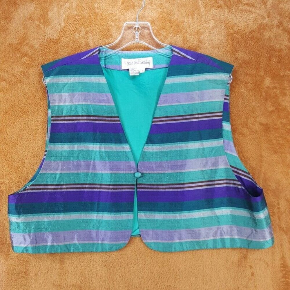 Vintage DIANE VON FURSTENBERG Womens Top Large Blue Striped Vest Crop 100% Silk